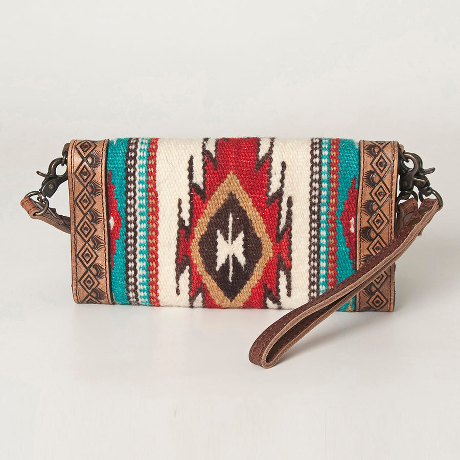 American Darling Envelope Western Hand Tooled Genuine Leather and Saddle Blanket Purse with Wristlet and YKK Zipper