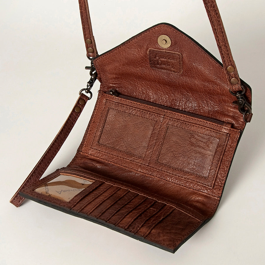 American Darling Envelope Western Hand Tooled Genuine Leather and Saddle Blanket Purse with Wristlet and YKK Zipper