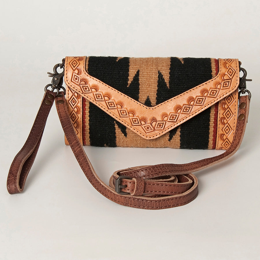 American Darling Envelope Western Hand Tooled Genuine Leather and Saddle Blanket Purse with Wristlet and YKK Zipper