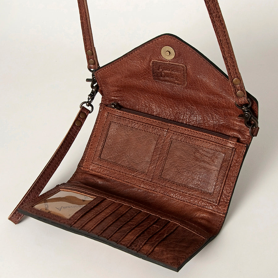 American Darling Envelope Western Hand Tooled Genuine Leather and Saddle Blanket Purse with Wristlet and YKK Zipper