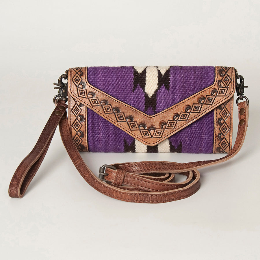 American Darling Envelope Western Hand Tooled Genuine Leather and Saddle Blanket Purse with Wristlet and YKK Zipper