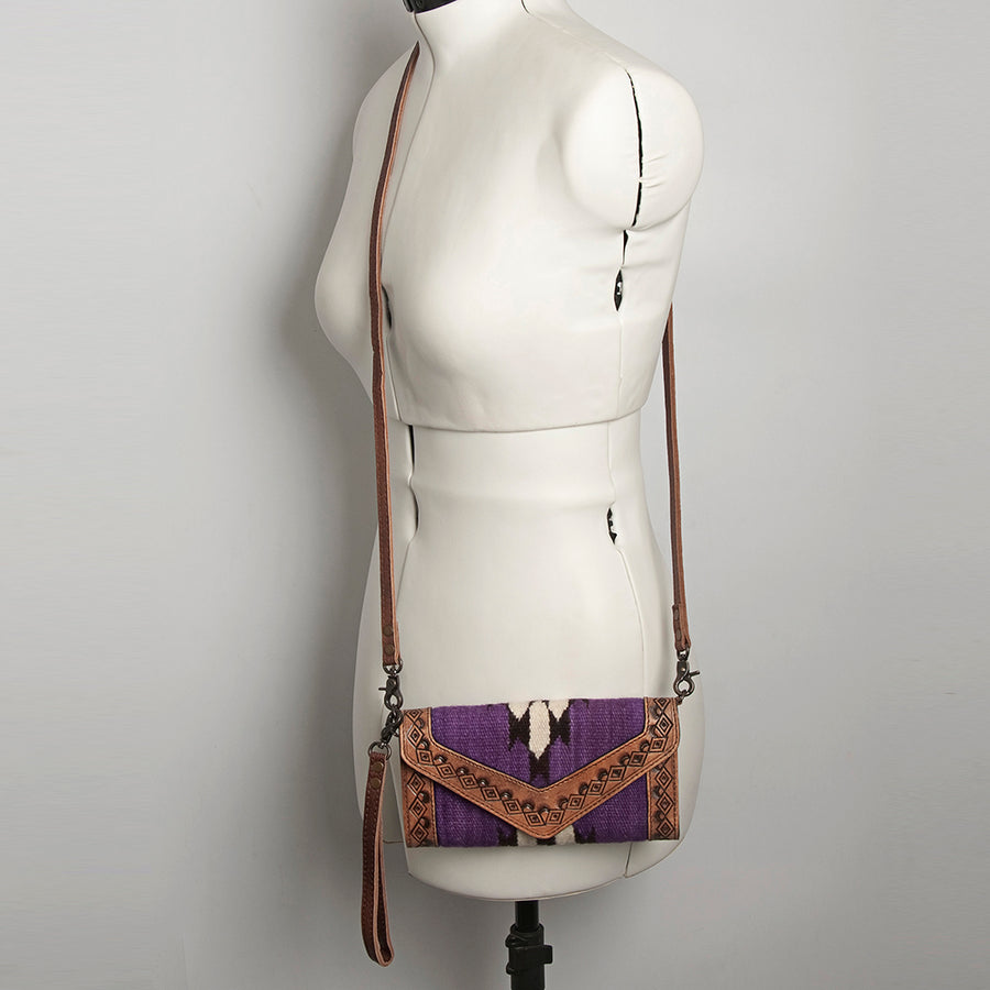 American Darling Envelope Western Hand Tooled Genuine Leather and Saddle Blanket Purse with Wristlet and YKK Zipper