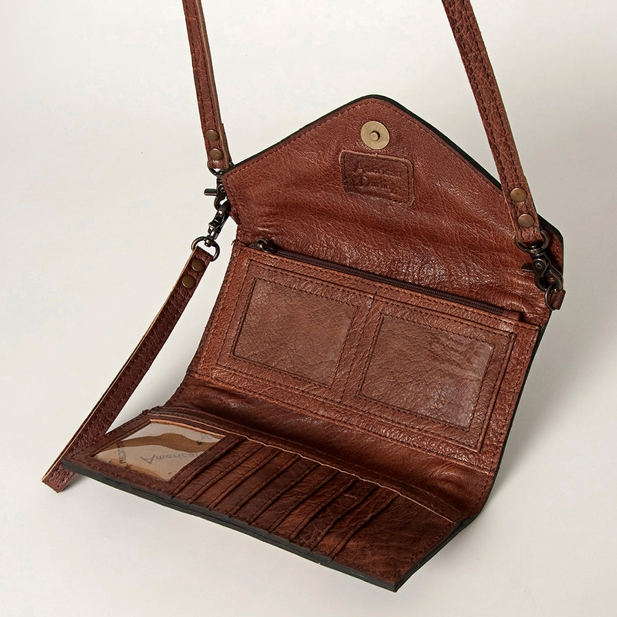 American Darling Envelope Western Hand Tooled Genuine Leather and Saddle Blanket Purse with Wristlet and YKK Zipper