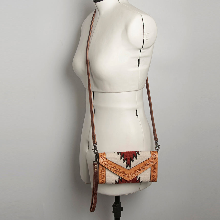 American Darling Envelope Western Hand Tooled Genuine Leather and Saddle Blanket Purse with Wristlet and YKK Zipper