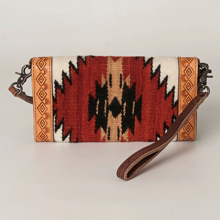 American Darling Envelope Western Hand Tooled Genuine Leather and Saddle Blanket Purse with Wristlet and YKK Zipper