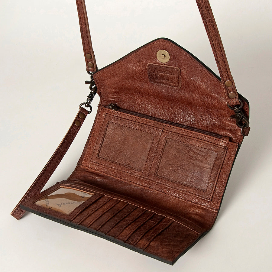 American Darling Envelope Western Hand Tooled Genuine Leather and Saddle Blanket Purse with Wristlet and YKK Zipper