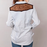 Genuine leather Hand tooled hand carved Women 100% cotton Denim shirt by Hilason – Cowboy and equestrian accessories