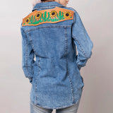Genuine leather Hand tooled hand carved Women 100% cotton Denim shirt jacket dress ladies girl - Uhorse