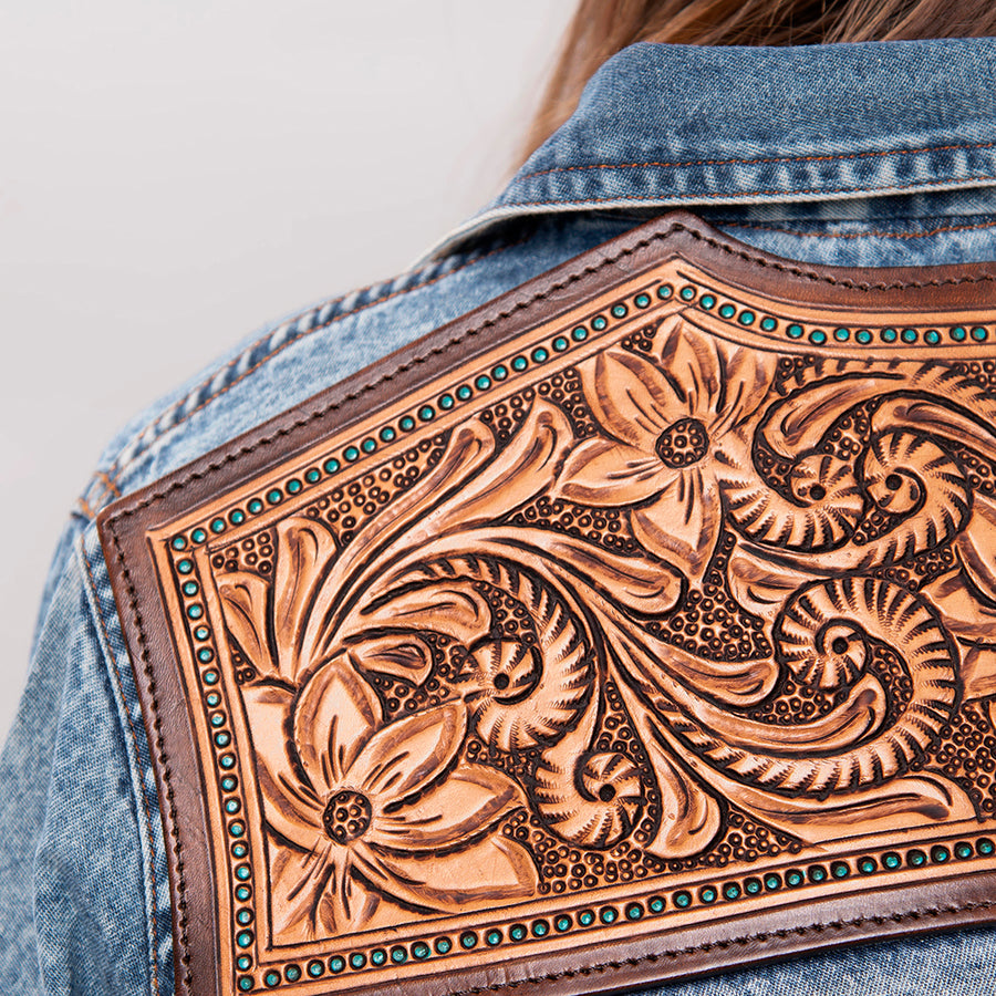 American Darling Genuine leather Hand tooled carved Women 100% cotton Denim Blazer dress jacket ladies |Vintage