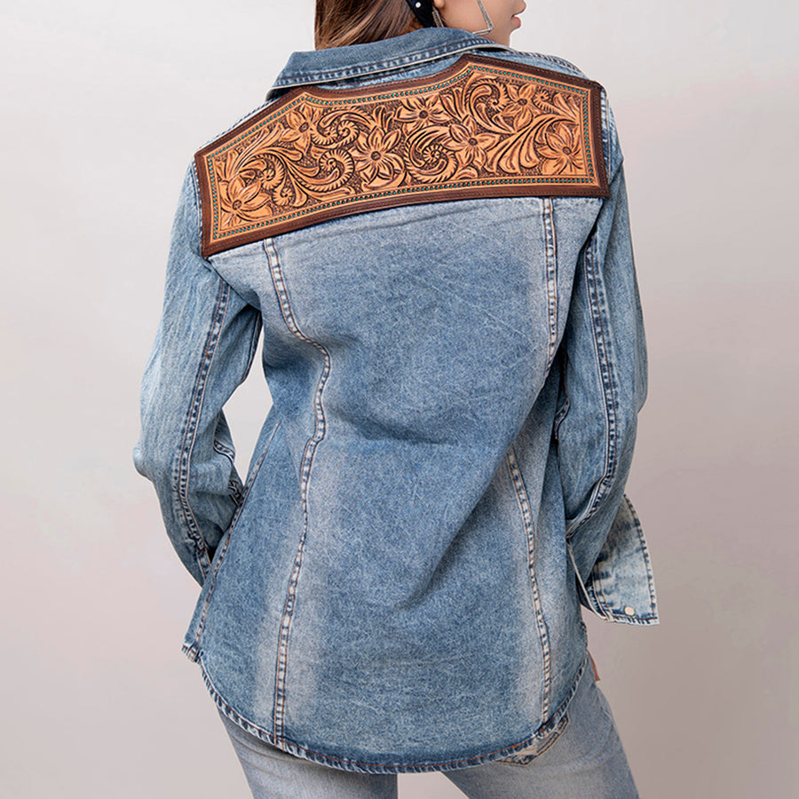 American Darling Leather Hand Tooled Carved Women Denim Shirt Jacket - Uhorse