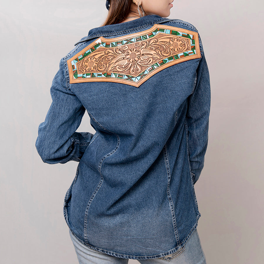 Genuine leather Hand tooled hand carved Women 100% cotton Denim shirt jacket dress ladies girl - Uhorse