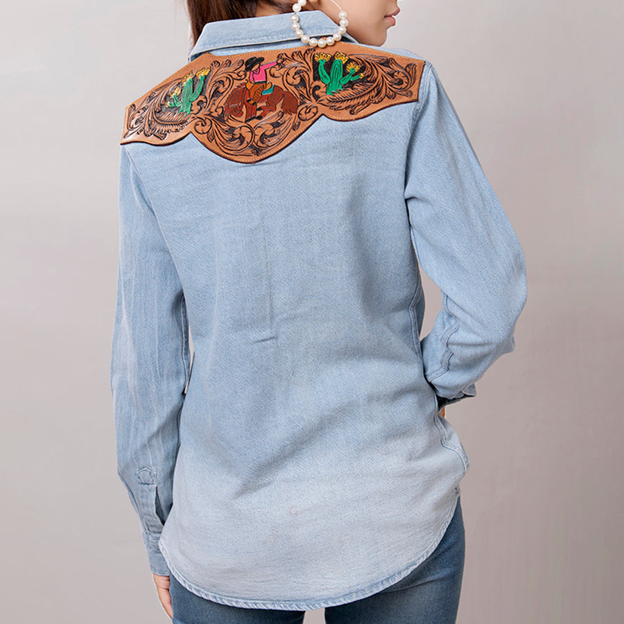American Darling Leather Hand Tooled Carved Women Denim Shirt Jacket - Uhorse