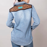American Darling Leather Hand Tooled Carved Women Denim Shirt Jacket – by Hilason – Cowboy and equestrian accessories