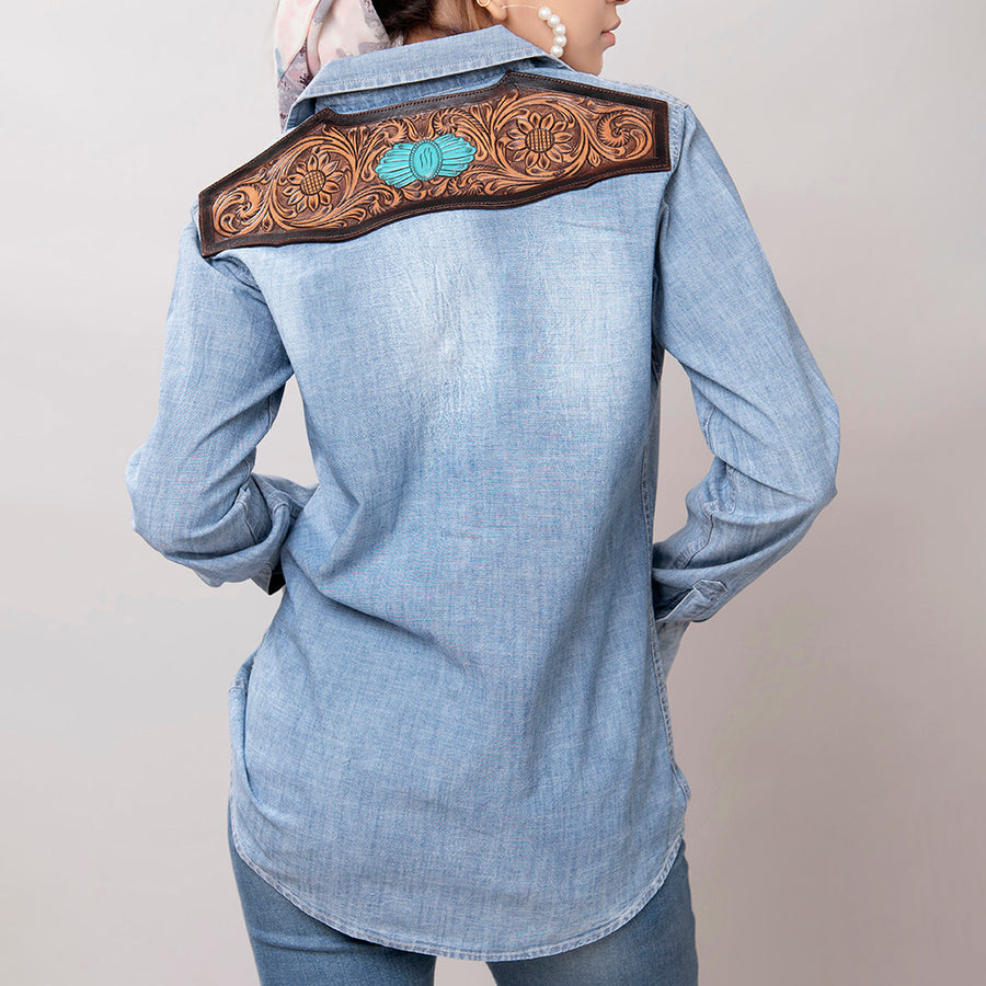 Genuine leather Hand tooled hand carved Women 100% cotton Denim shirt jacket dress ladies girl - Uhorse