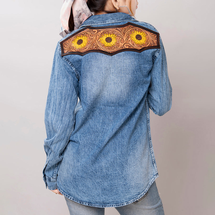 Genuine leather Hand tooled hand carved Women 100% cotton Denim shirt jacket dress ladies girl - Uhorse