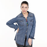 American Darling Leather Hand Tooled Carved Women Denim Shirt Jacket