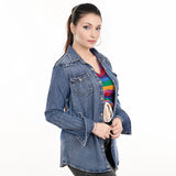 American Darling Leather Hand Tooled Carved Women Denim Shirt Jacket