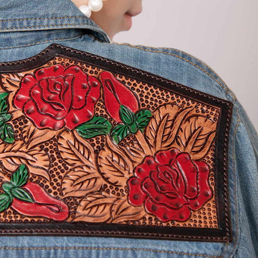 American Darling Genuine leather Hand tooled carved Women 100% cotton Denim Blazer dress jacket ladies | Vintage