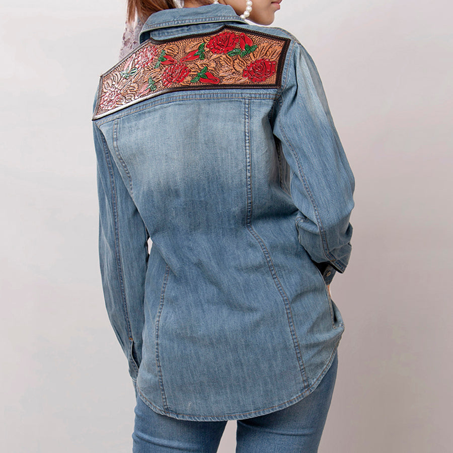 American Darling Genuine leather Hand tooled carved Women 100% cotton Denim Blazer dress jacket ladies | Vintage