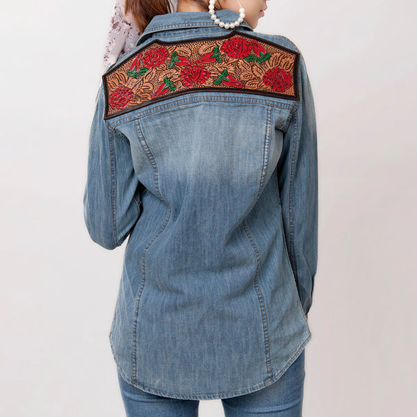 American Darling Leather Hand Tooled Carved Women Denim Shirt Jacket – by Hilason – Cowboy and equestrian accessories