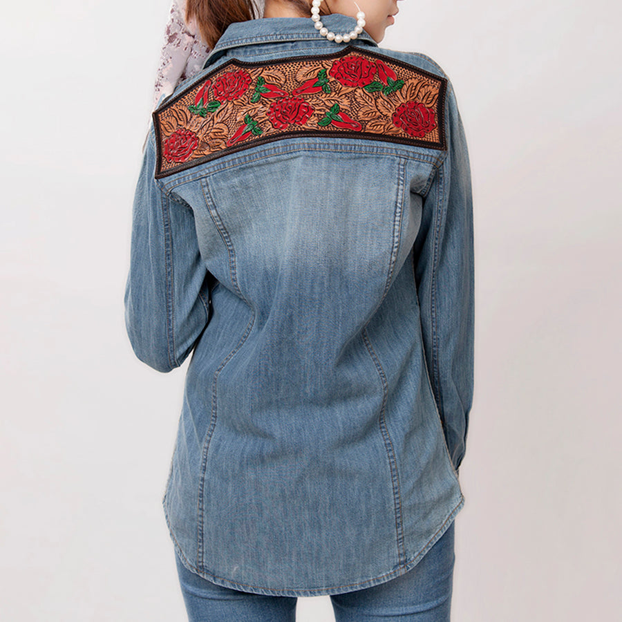 American Darling Leather Hand Tooled Carved Women Denim Shirt Jacket - Uhorse