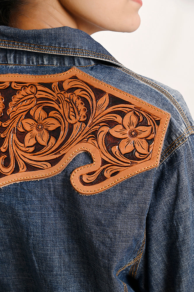 American Darling Genuine leather Hand tooled carved Women 100% cotton Denim Blazer dress jacket ladies | Vintage