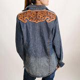 American Darling Leather Hand Tooled Carved Women Denim Shirt Jacket - Uhorse