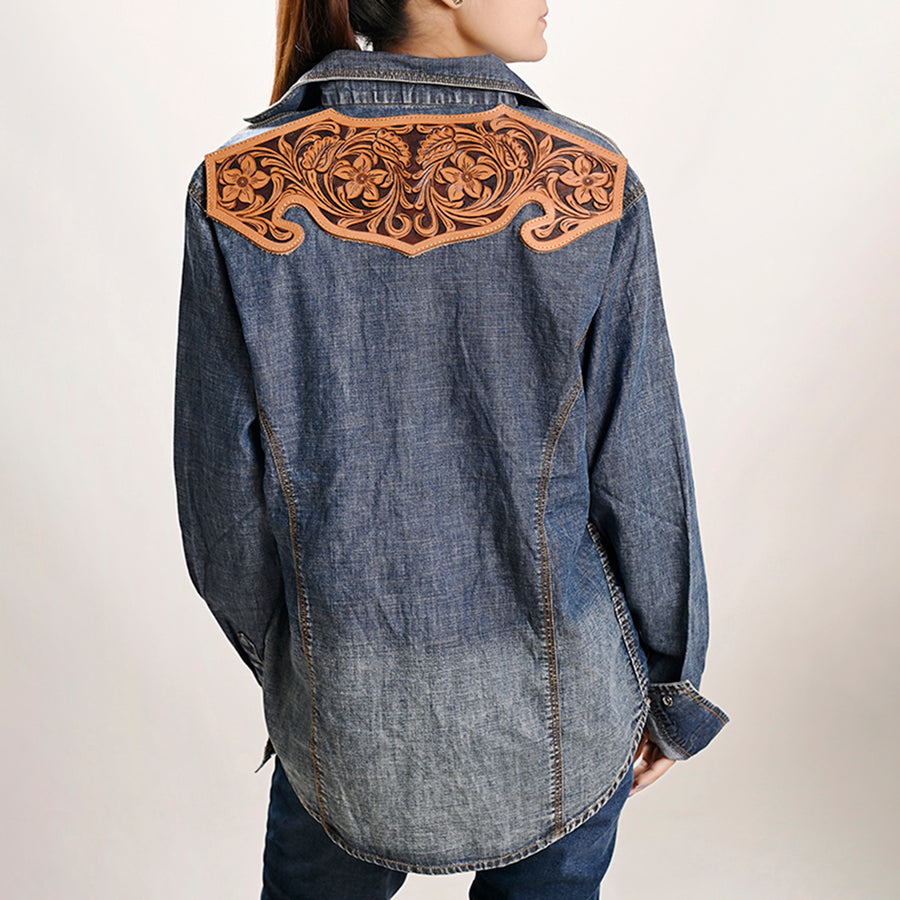 Genuine leather Hand tooled hand carved Women 100% cotton Denim shirt jacket dress ladies girl - Uhorse