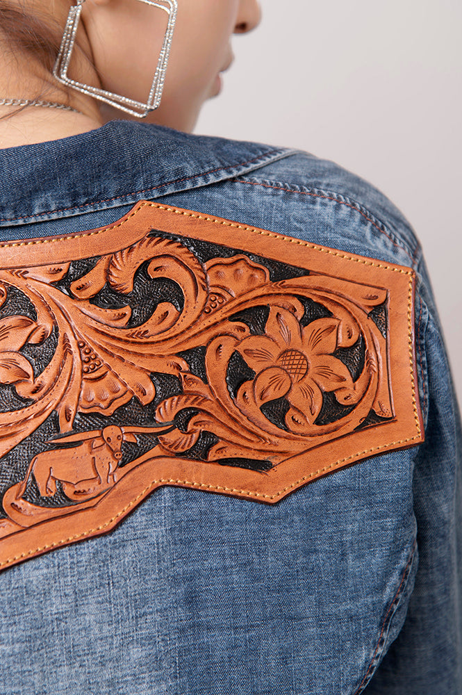 American Darling Genuine leather Hand tooled carved Women 100% cotton Denim Blazer dress jacket ladies | Vintage