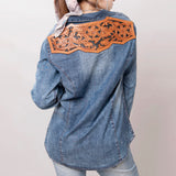 AMERICAN DARLING Genuine Leather Hand Tooled Hand Carved Women 100% Cotton Denim Shirt Jacket Dress Ladies Girl Extra Large