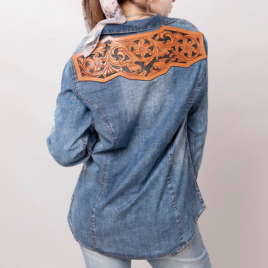 Genuine leather Hand tooled hand carved Women 100% cotton Denim shirt jacket dress ladies girl - Uhorse