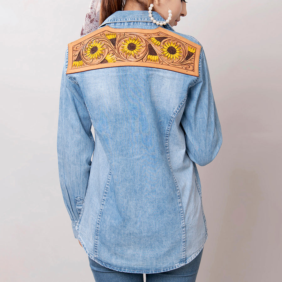 Genuine leather Hand tooled hand carved Women 100% cotton Denim shirt jacket dress ladies girl - Hilason