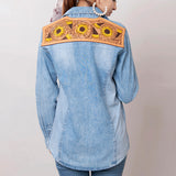 Genuine leather Hand tooled hand carved Women 100% cotton Denim shirt jacket dress ladies girl - Hilason