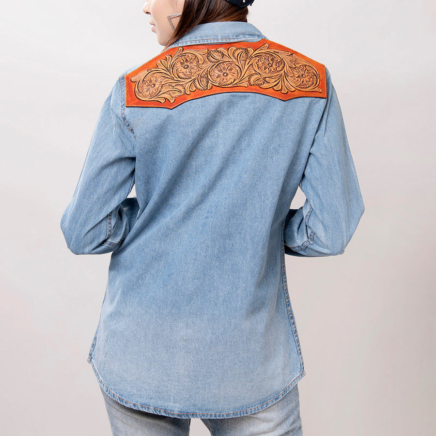 American Darling Leather Hand Tooled Carved Women Denim Shirt Jacket - Uhorse
