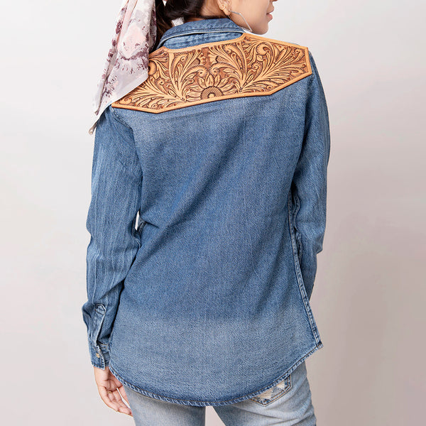 American Darling Leather Hand Tooled Carved Women Denim Shirt Jacket – by Hilason – Cowboy and equestrian accessories