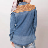 Genuine leather Hand tooled hand carved Women 100% cotton Denim shirt jacket dress ladies girl - Uhorse