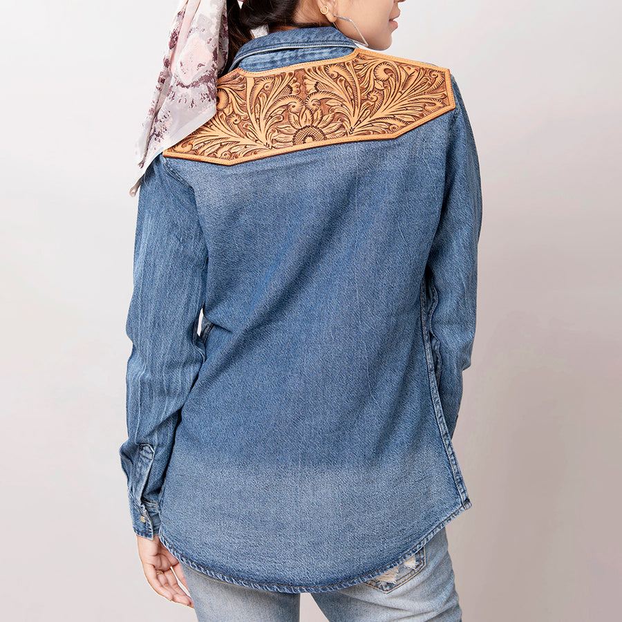 Genuine leather Hand tooled hand carved Women 100% cotton Denim shirt jacket dress ladies girl - Hilason