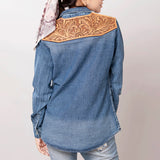 American Darling Leather Hand Tooled Carved Women Denim Shirt Jacket