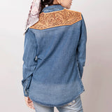 AMERICAN DARLING Genuine Leather Hand Tooled Hand Carved Women 100% Cotton Denim Shirt Jacket Dress Ladies Girl Small