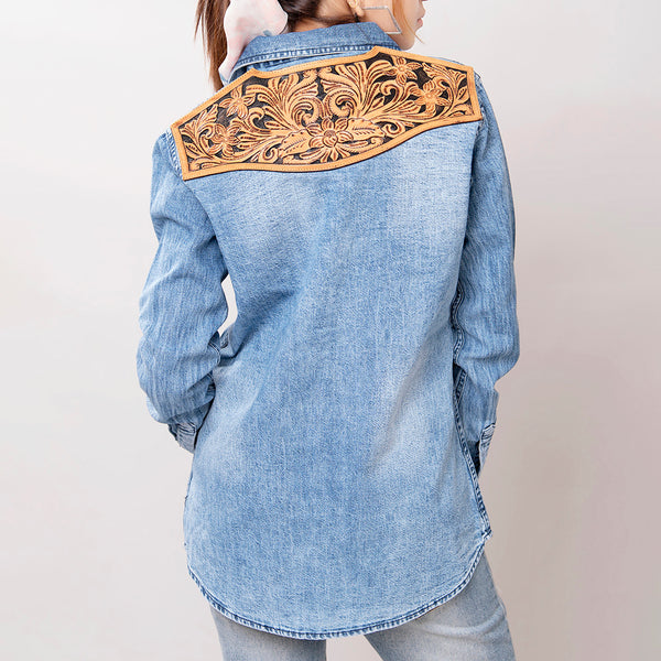 American Darling Leather Hand Tooled Carved Women Denim Shirt Jacket - Uhorse