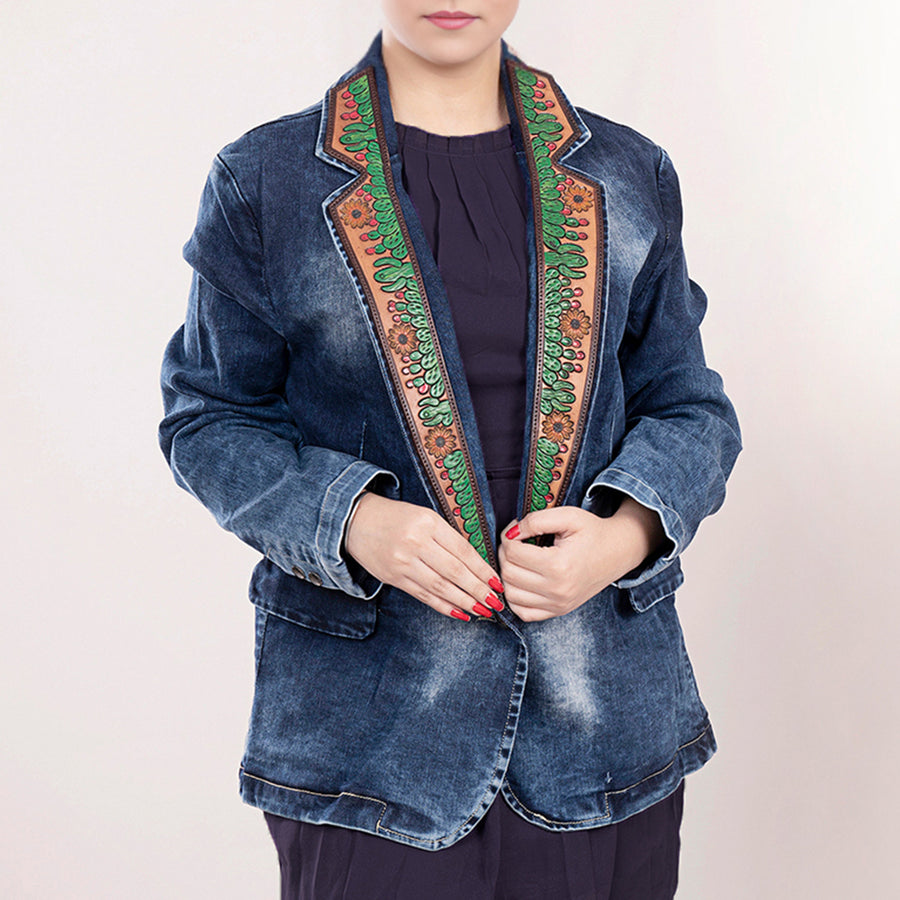 American Darling Genuine leather Hand tooled carved Women 100% cotton Denim Blazer dress jacket | Vintage