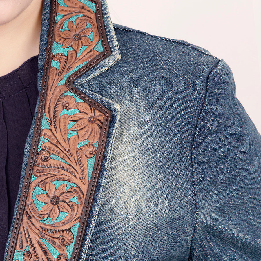 American Darling Genuine leather Hand tooled carved Women 100% cotton Denim Blazer dress jacket | Vintage