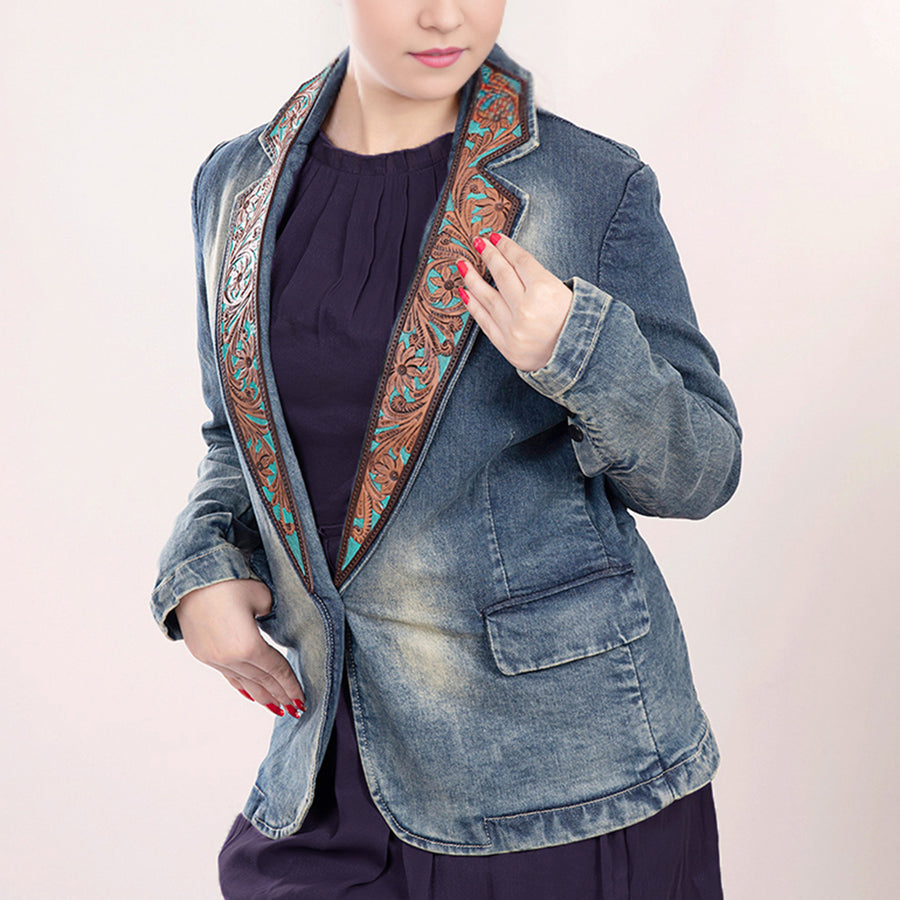 American Darling Genuine leather Hand tooled carved Women 100% cotton Denim Blazer dress jacket | Vintage