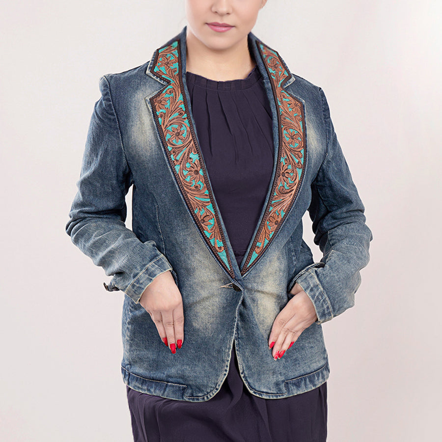 American Darling Genuine leather Hand tooled carved Women 100% cotton Denim Blazer dress jacket | Vintage