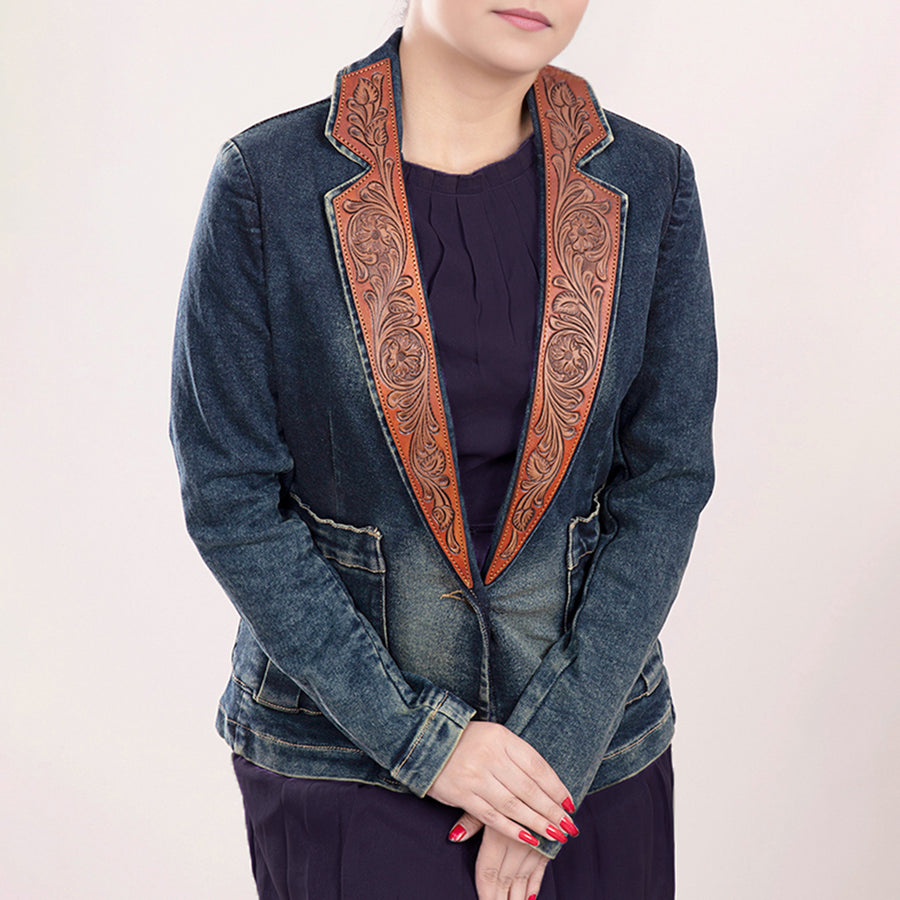 American Darling Genuine leather Hand tooled carved Women 100% cotton Denim Blazer dress jacket | Vintage