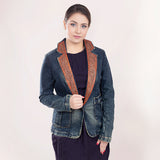 ADBZ019 Genuine leather Hand tooled hand carved Women 100% cotton Denim Blazer dress jacket ladies Girl