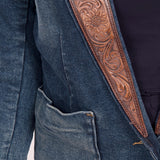 ADBZ020 Genuine leather Hand tooled hand carved Women 100% cotton Denim Blazer dress jacket ladies Girl