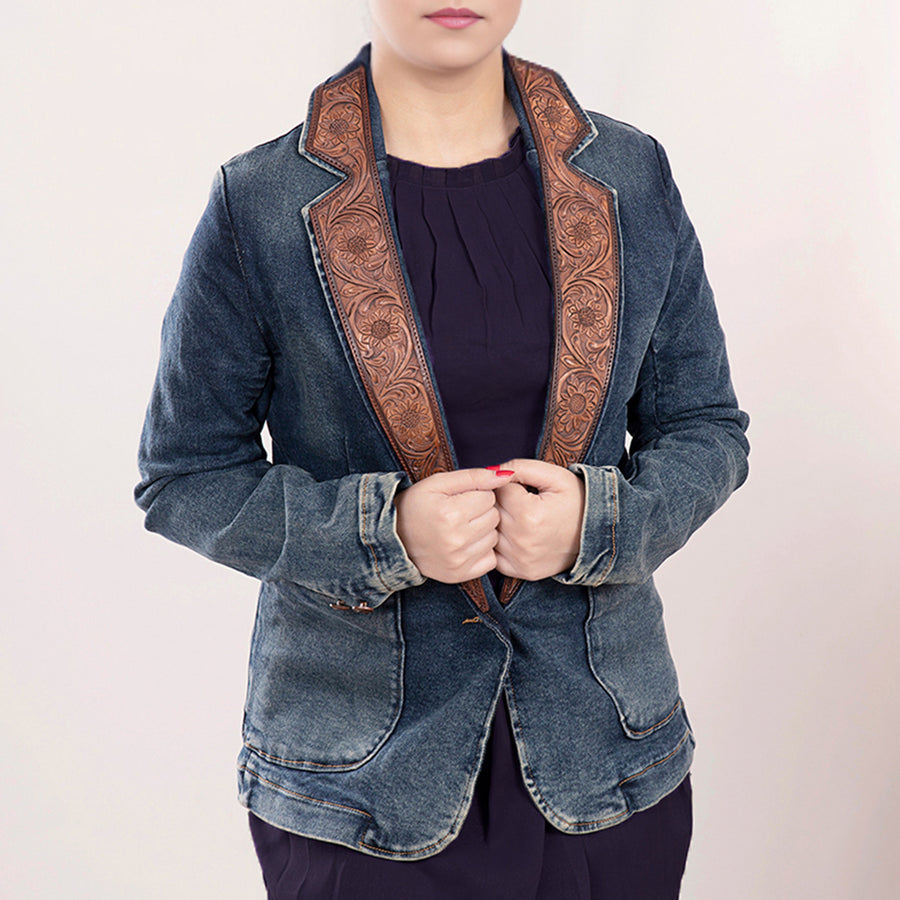 American Darling Genuine leather Hand tooled carved Women 100% cotton Denim Blazer dress jacket | Vintage