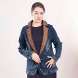 ADBZ021 Genuine leather Hand tooled hand carved Women 100% cotton Denim Blazer dress jacket ladies Girl