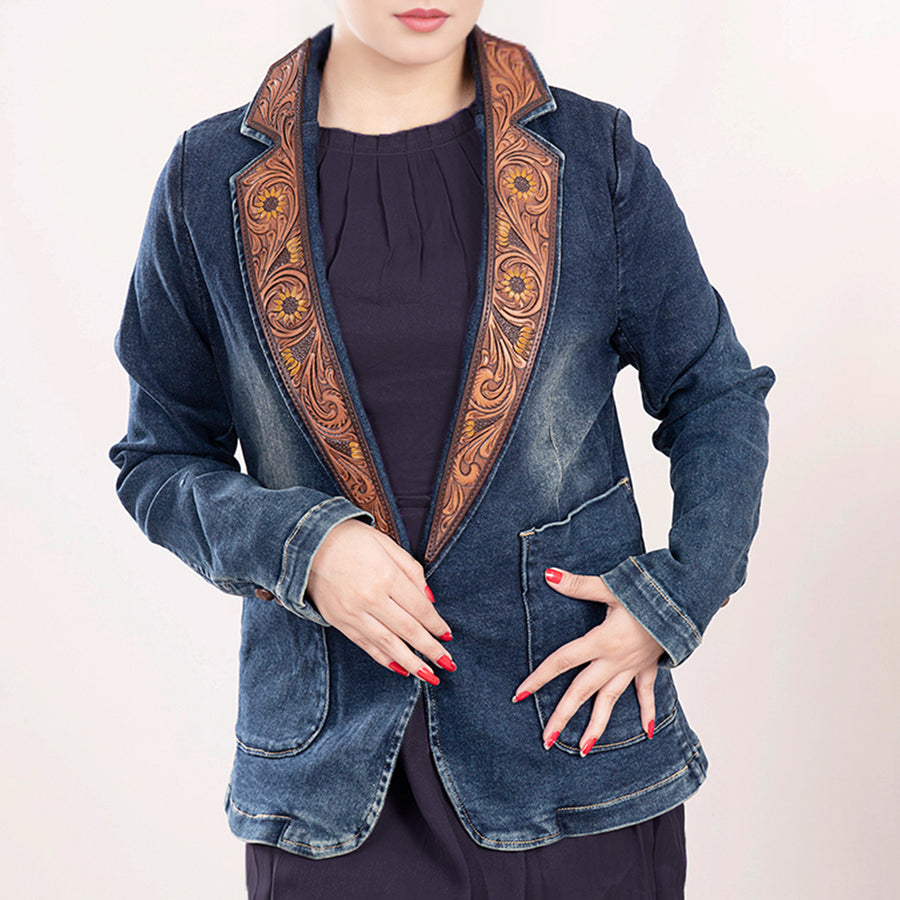 American Darling Genuine leather Hand tooled carved Women 100% cotton Denim Blazer dress jacket | Vintage